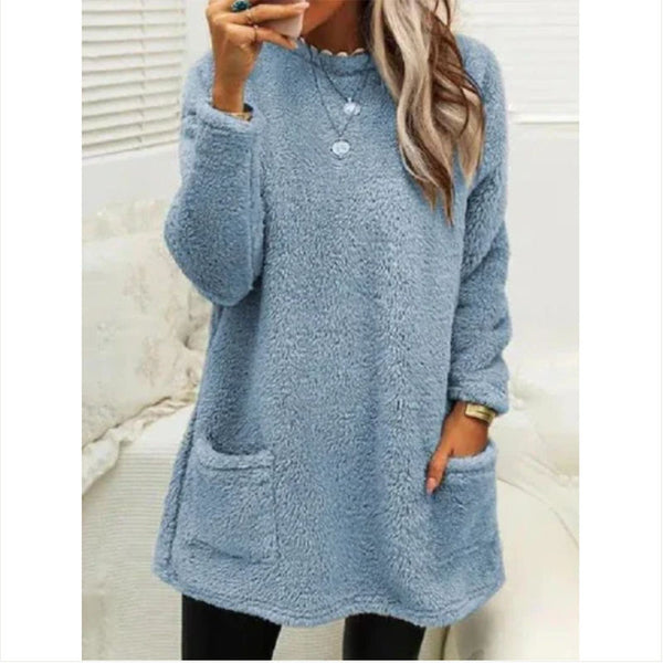 Pocket Crew Neck Casual Warm Long Sleeve T-Shirt Dress